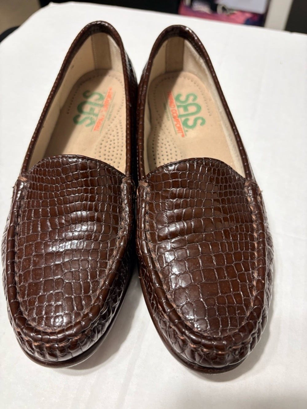 SAS Simplify Everyday Leather Loafers Crocodile-Embossed‎ Dark Brown Slip-On 6M
